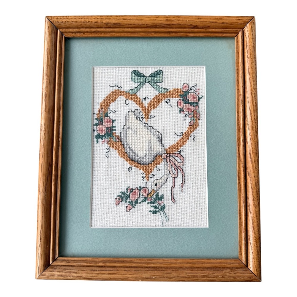 Vintage Cottagecore Goose Heart Needlepoint Framed‎ Romantic Floral Wall Art